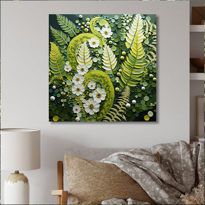 Whimsical Green Ferns and Floral Abstract Oil Painting for Nature Lovers