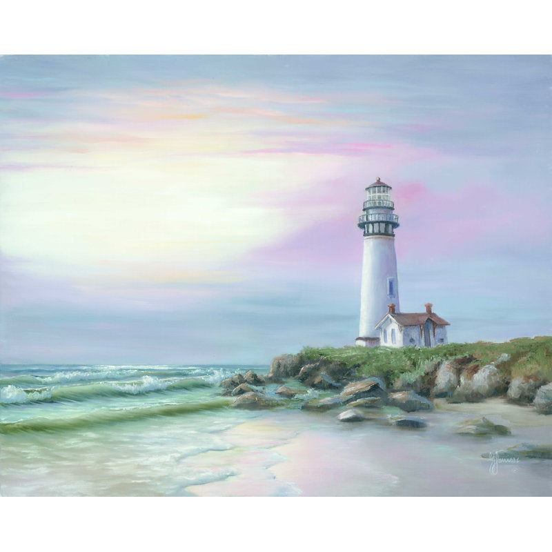 Serene Lighthouse at Sunset Over Tranquil Ocean Waves - Oil Painting Artwork
