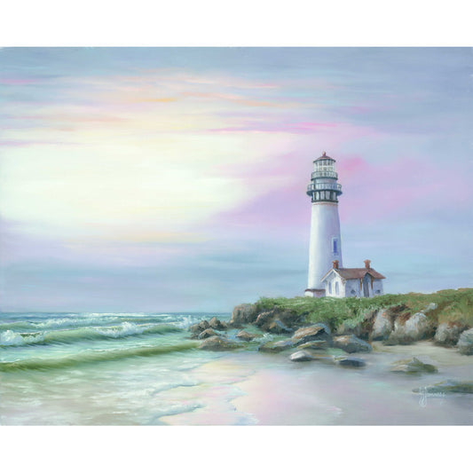 Serene Lighthouse at Sunset Over Tranquil Ocean Waves - Oil Painting Artwork