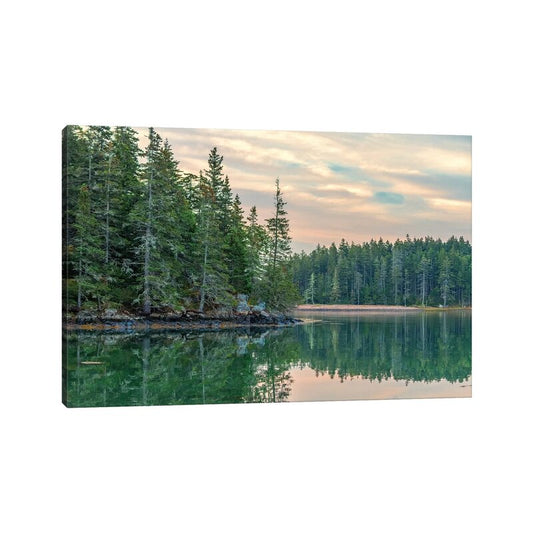 Tranquil Maine Landscape Oil Painting with Reflections and Serene Waterscape