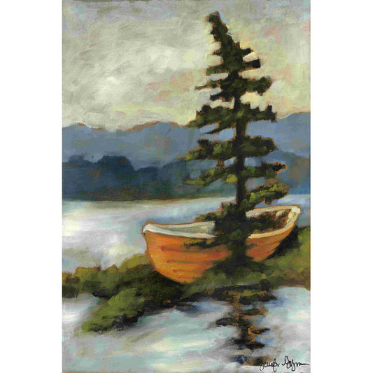 Tranquil Maine Landscape with Vibrant Boat and Lush Evergreen Tree