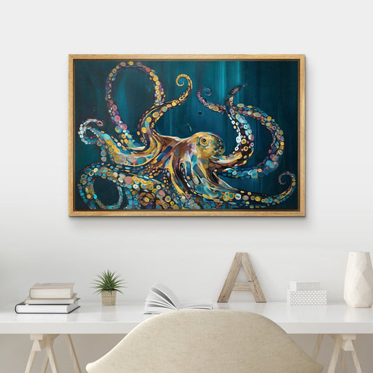 Vibrant Octopus Oil Painting - Colorful Coastal Ocean Art for Nautical Decor