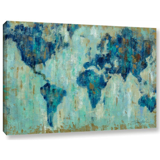 Abstract World Map Oil Painting in Blue and Aqua Tones for Home Decor