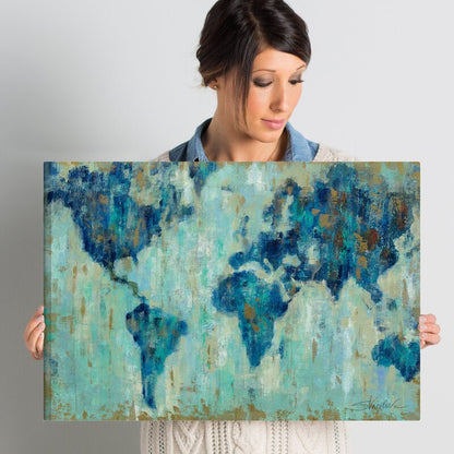 Abstract World Map Oil Painting in Blue and Aqua Tones for Home Decor