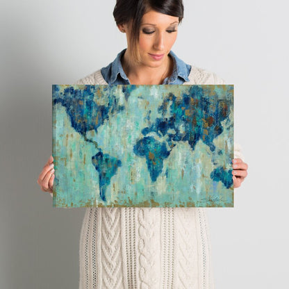 Abstract World Map Oil Painting in Blue and Aqua Tones for Home Decor