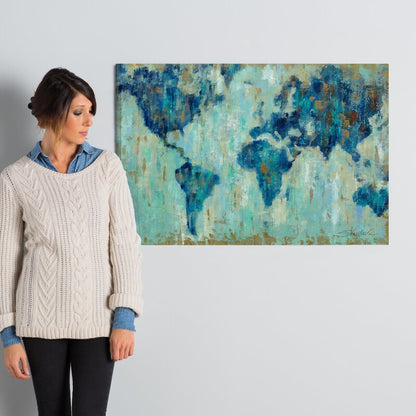 Abstract World Map Oil Painting in Blue and Aqua Tones for Home Decor