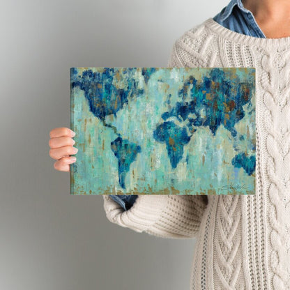 Abstract World Map Oil Painting in Blue and Aqua Tones for Home Decor