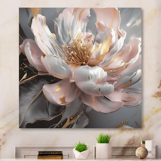 Elegant Pink and Gold Peony Flower Oil Painting for Home Decor