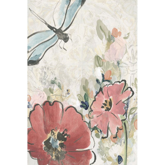 Spring Meadow Floral Oil Painting with Dragonfly Accent