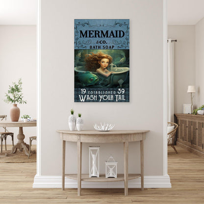Mermaid Bath Soap Graphic Art Print on Wrapped Canvas for Ocean Lovers