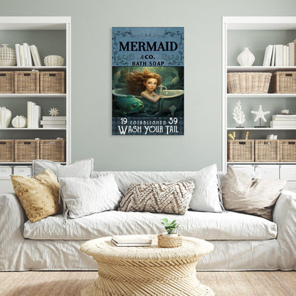 Mermaid Bath Soap Graphic Art Print on Wrapped Canvas for Ocean Lovers