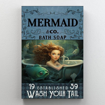 Mermaid Bath Soap Graphic Art Print on Wrapped Canvas for Ocean Lovers