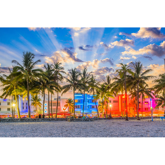 Vibrant Miami Beach Sunset Oil Painting with Palm Trees and Colorful Skyscrapers