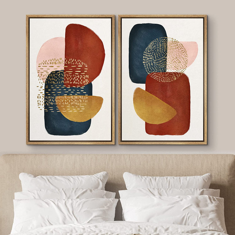 Abstract Mid-Century Oil Painting Set with Bold Geometric Shapes