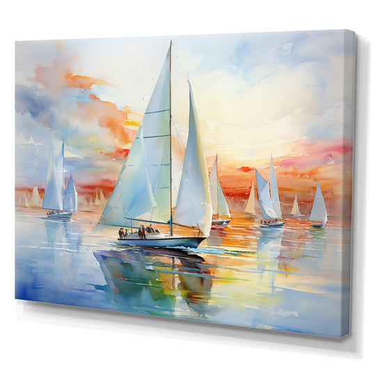 Sailing Serenity: Vibrant Oil Painting of Colorful Regatta on Calm Waters
