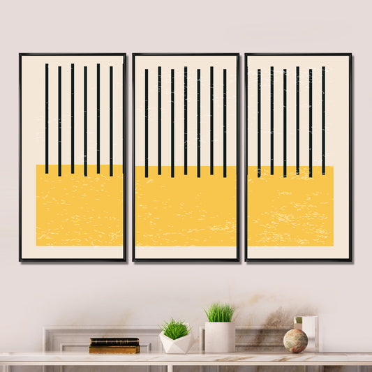 Abstract Geometric Art Triptych with Minimalist Yellow and Black Design