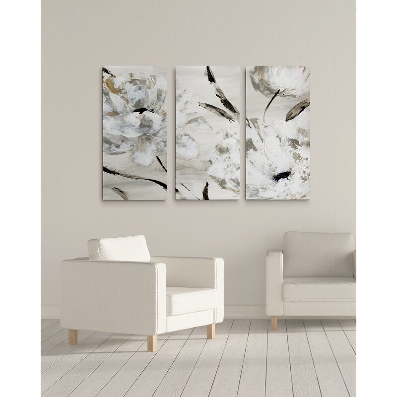 Elegant White Floral Triptych Canvas Art for Modern Home Decor