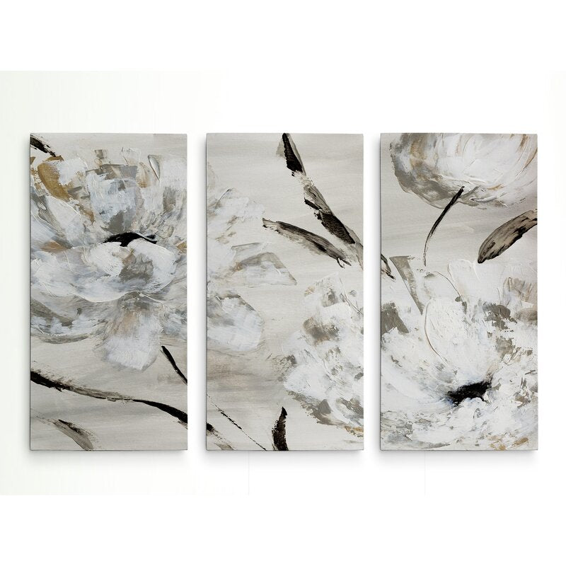 Elegant White Floral Triptych Canvas Art for Modern Home Decor