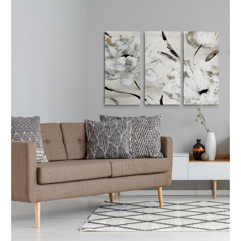 Elegant White Floral Triptych Canvas Art for Modern Home Decor