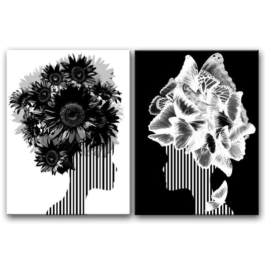 Elegant Floral and Butterfly Silhouettes - Modern Black and White Wall Art Set