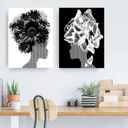 Elegant Floral and Butterfly Silhouettes - Modern Black and White Wall Art Set