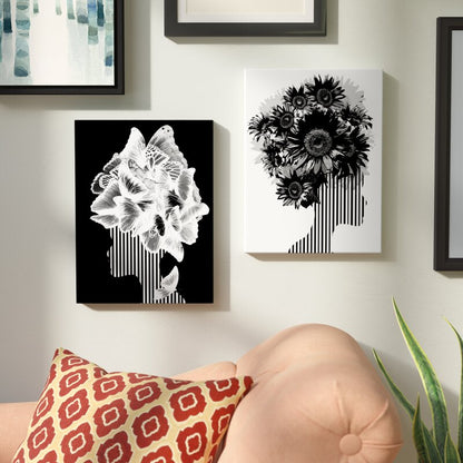 Elegant Floral and Butterfly Silhouettes - Modern Black and White Wall Art Set