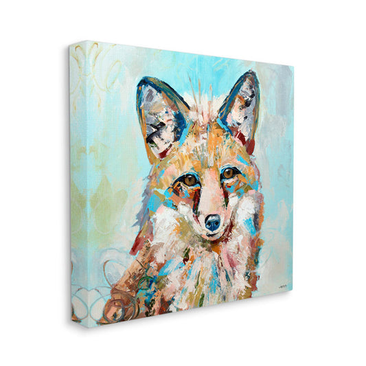 Vibrant Blue Accent Fox Portrait - Modern Animal Oil Painting