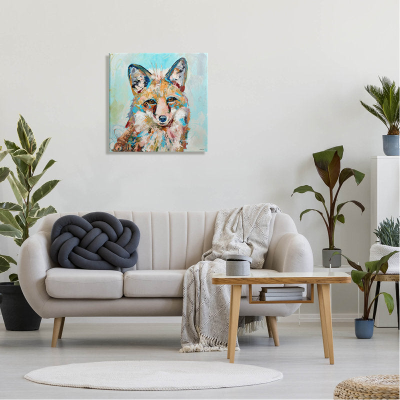Vibrant Blue Accent Fox Portrait - Modern Animal Oil Painting