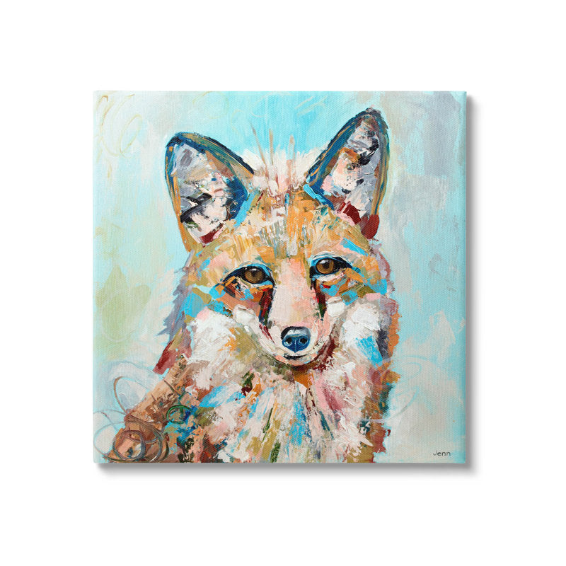 Vibrant Blue Accent Fox Portrait - Modern Animal Oil Painting