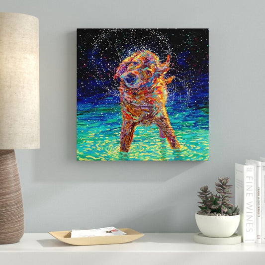 Vibrant Oil Painting of Joyful Dog Splashing in Moonlit Water