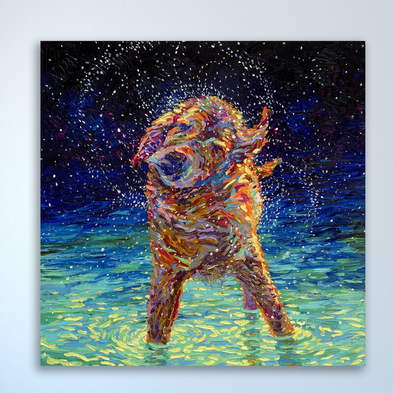 Vibrant Oil Painting of Joyful Dog Splashing in Moonlit Water