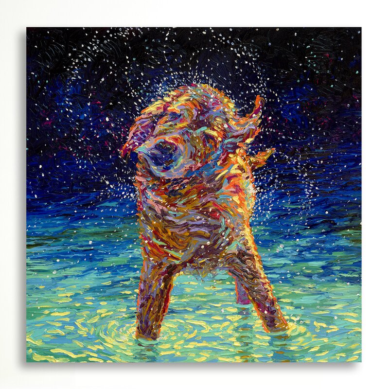 Vibrant Oil Painting of Joyful Dog Splashing in Moonlit Water
