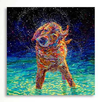 Vibrant Oil Painting of Joyful Dog Splashing in Moonlit Water