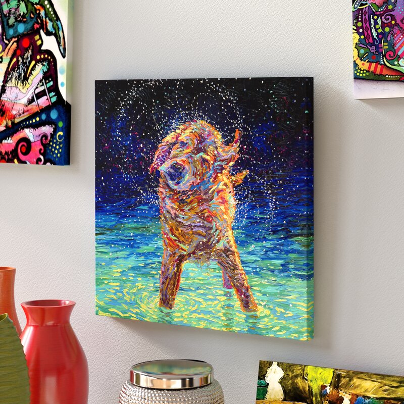 Vibrant Oil Painting of Joyful Dog Splashing in Moonlit Water