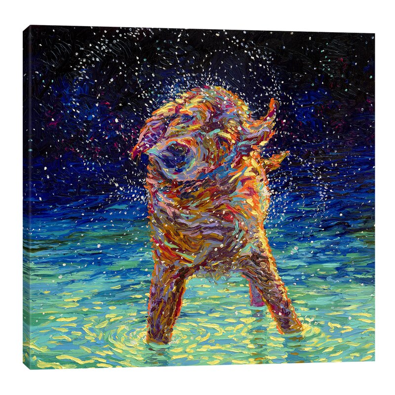 Vibrant Oil Painting of Joyful Dog Splashing in Moonlit Water