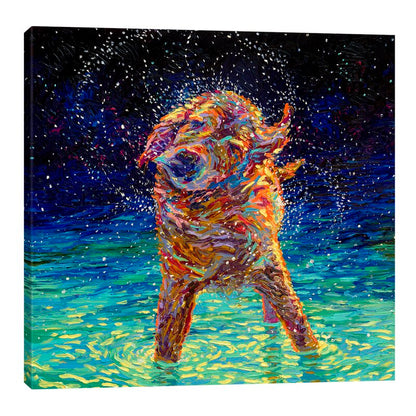 Vibrant Oil Painting of Joyful Dog Splashing in Moonlit Water