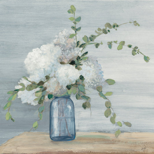 Elegant White Floral Arrangement in a Blue Jar - Charming Oil Painting