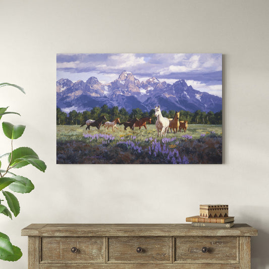 Majestic Horses in Blooming Meadow with Mountains ‚Äì Oil Painting