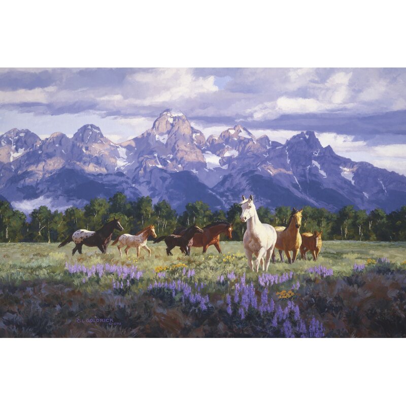 Majestic Horses in Blooming Meadow with Mountains ‚Äì Oil Painting