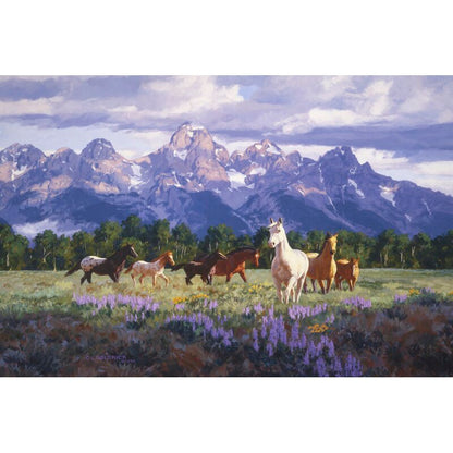 Majestic Horses in Blooming Meadow with Mountains ‚Äì Oil Painting