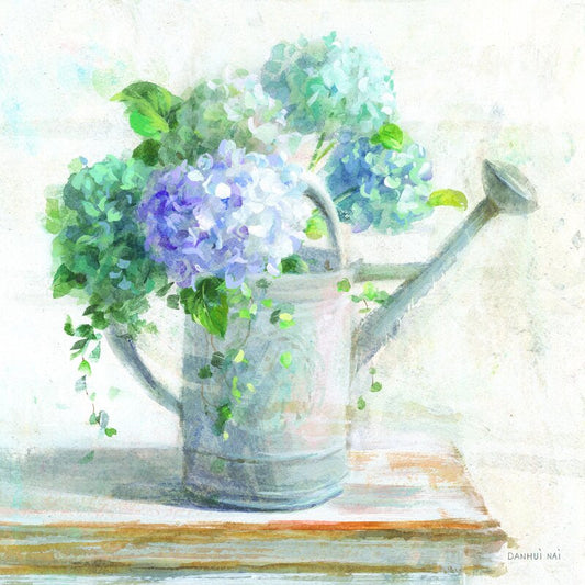Vibrant Blue Hydrangeas in Vintage Watering Can Oil Painting