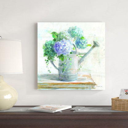 Vibrant Blue Hydrangeas in Vintage Watering Can Oil Painting