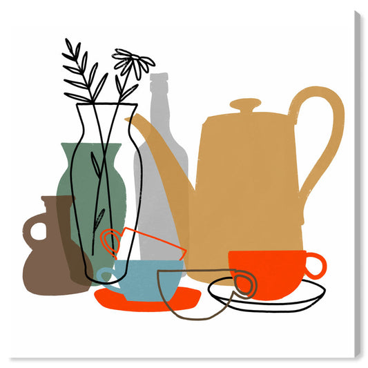 Charming Oil Painting of Morning Tea with Elegant Teapot and Floral Arrangements