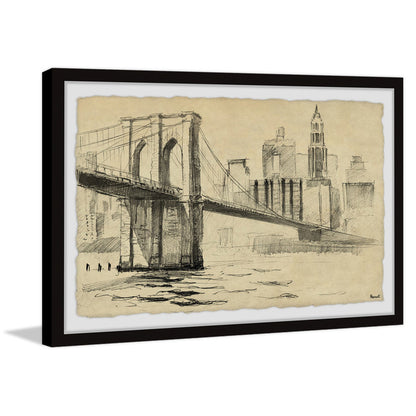 Stunning Oil Painting of Brooklyn Bridge Over Water with New York Skyline