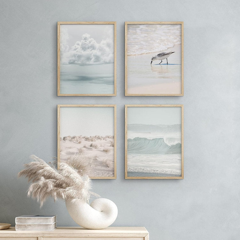 Serene Coastal Scene: Ocean, Beach, and Seagull Art Set