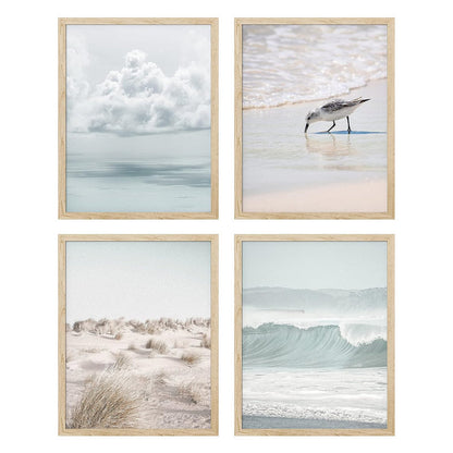 Serene Coastal Scene: Ocean, Beach, and Seagull Art Set