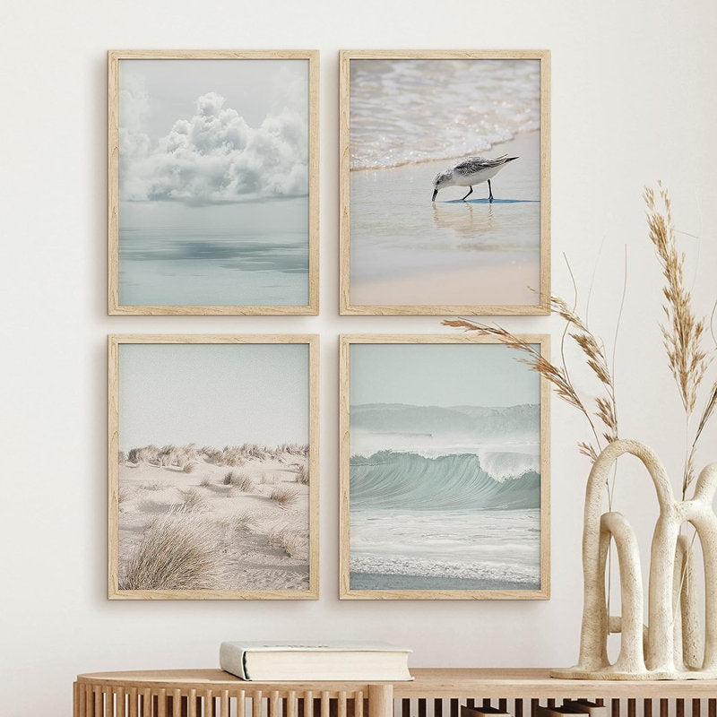 Serene Coastal Scene: Ocean, Beach, and Seagull Art Set