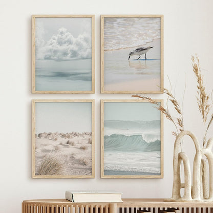 Serene Coastal Scene: Ocean, Beach, and Seagull Art Set