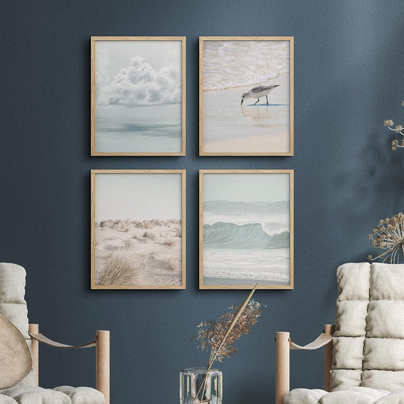 Serene Coastal Scene: Ocean, Beach, and Seagull Art Set