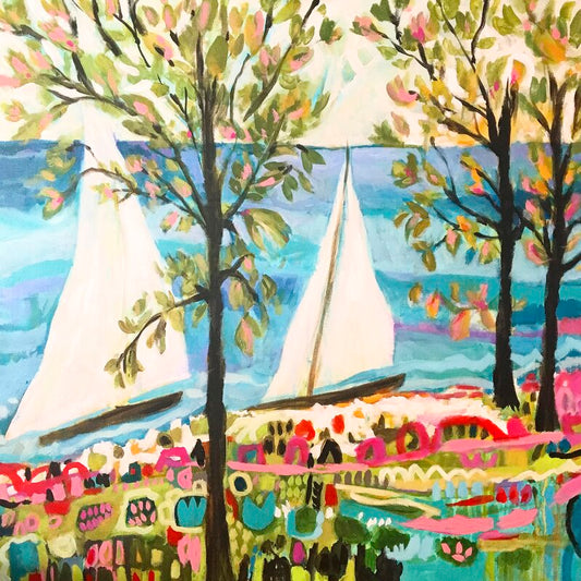 Whimsical Sailboats on a Colorful Coastal Landscape